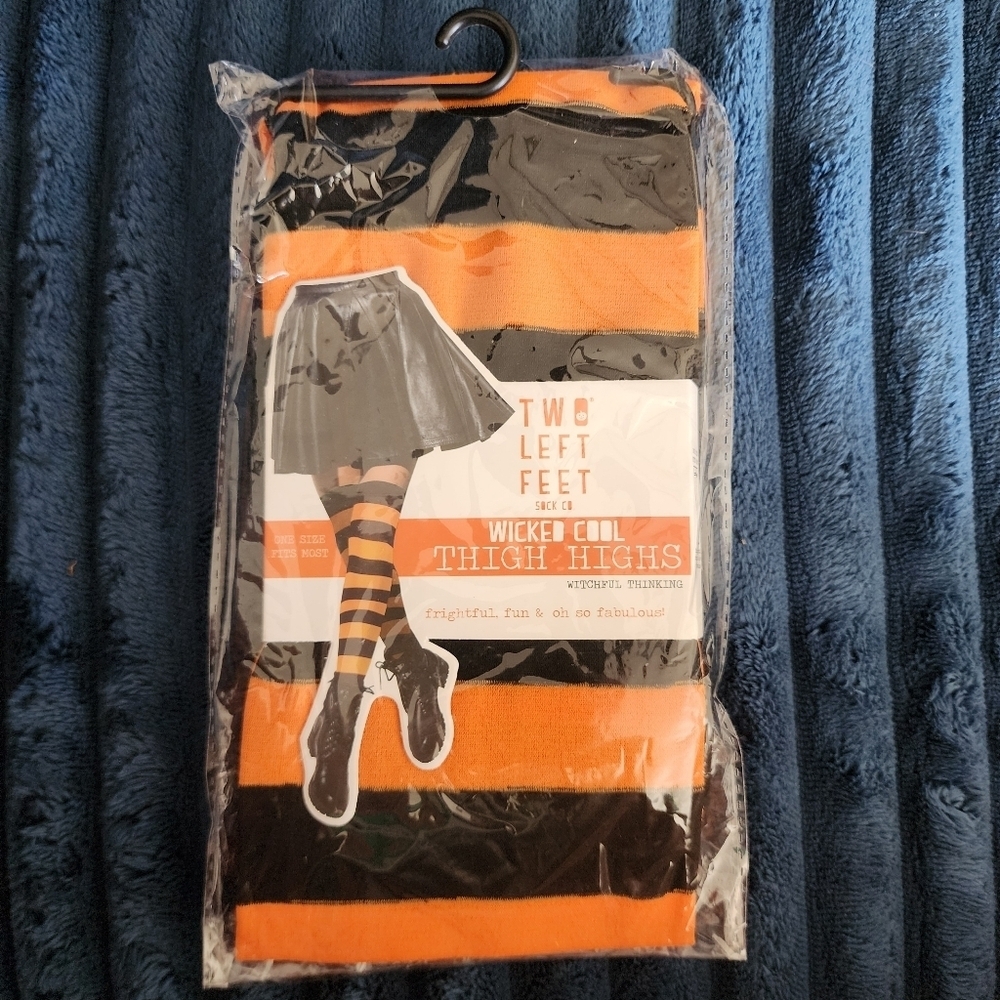 NWT Two Left Feet Wicked Cool Thigh Highs Orange Black Striped Halloween Tights